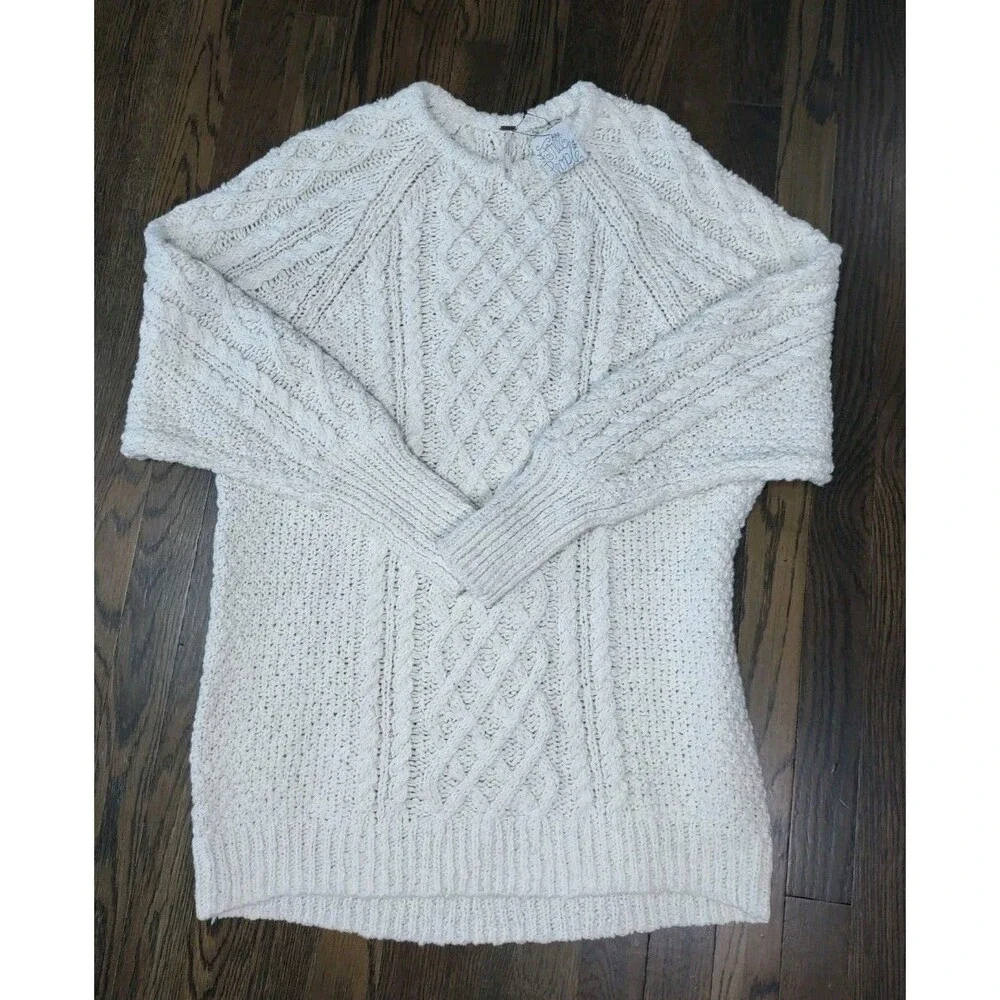 Free People Cable Knit Sweater XS Cream Fishermen Chunky Crew Neck Oversized NWT